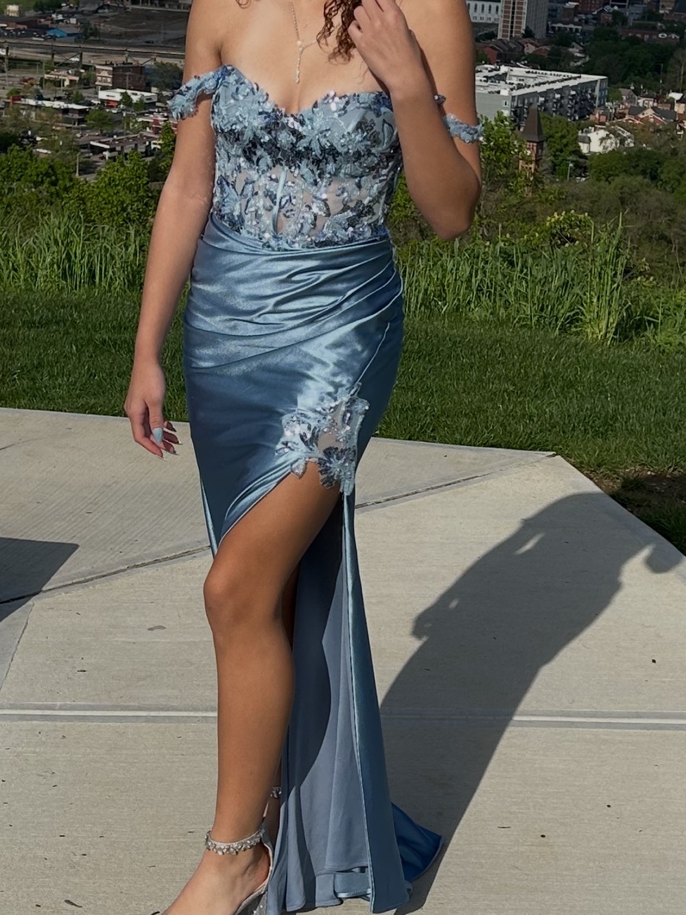 Embellished Light Blue Off-Shoulder Prom Gown Stacees